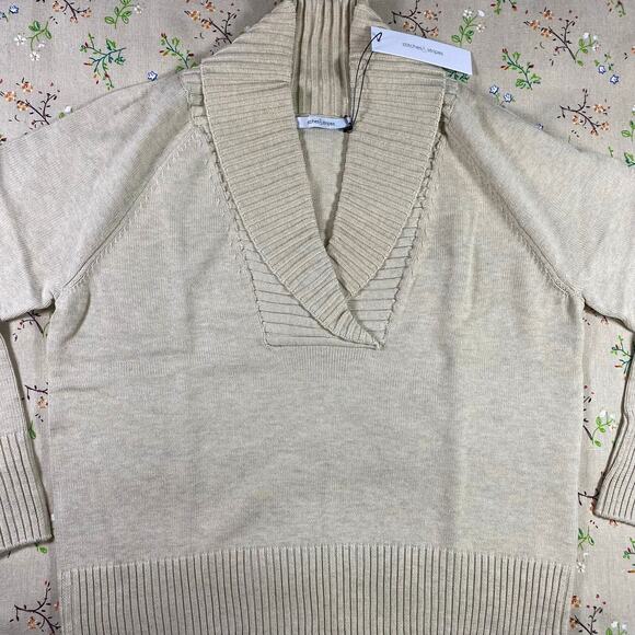 Stitches & Stripes Livy Ribbed Knit Pullover Sweater Tan XS Shawl Collar V Neck - Picture 2 of 6